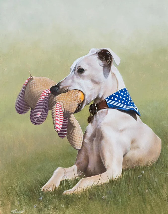 Monty: Oil painting of the Whippet by Nicholas Beall Oil painting of Monty the Whippet dog by Nicholas Beall, a birthday surprise