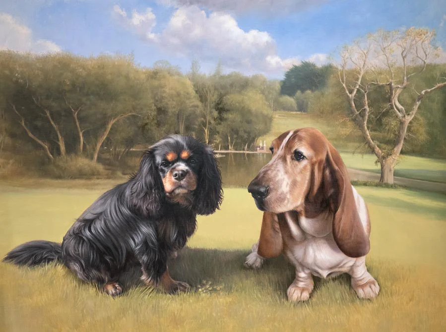 Bilbo & Mr Kipling: Dog oil painting by Nicholas Beall Oil painting of Bilbo and Mr Kipling, two dogs, by Nicholas Beall