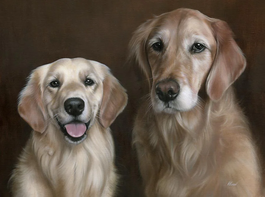 Completed oil portrait of two Golden Retrievers, Charlie and Eliot, captured by Nicholas Beall.