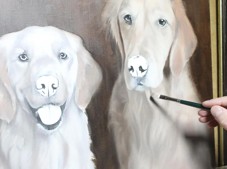 Work in progress on the Golden Retriever oil painting, showing developing details.