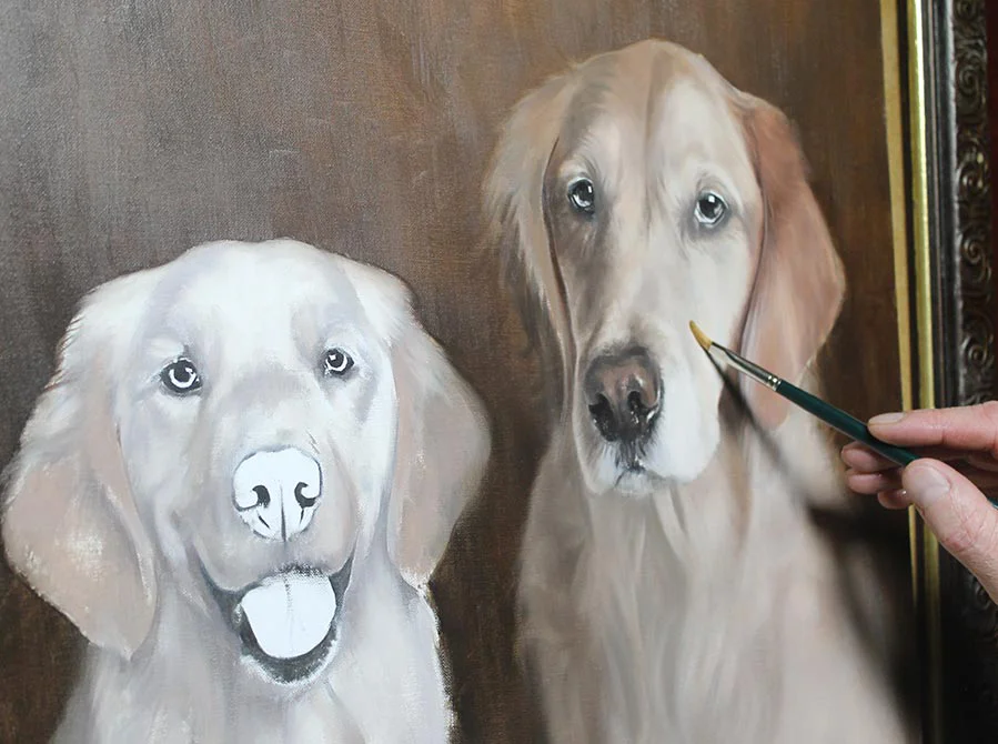 Golden Retriever oil portrait showing developing layers and refined features.