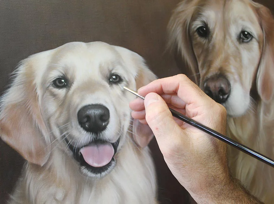 Oil painting of Golden Retrievers, almost complete, showing refined details.