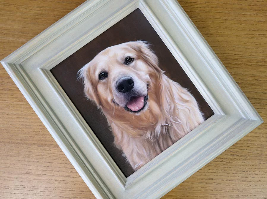 Golden Retriever portrait of H, framed and shown at an angle view.