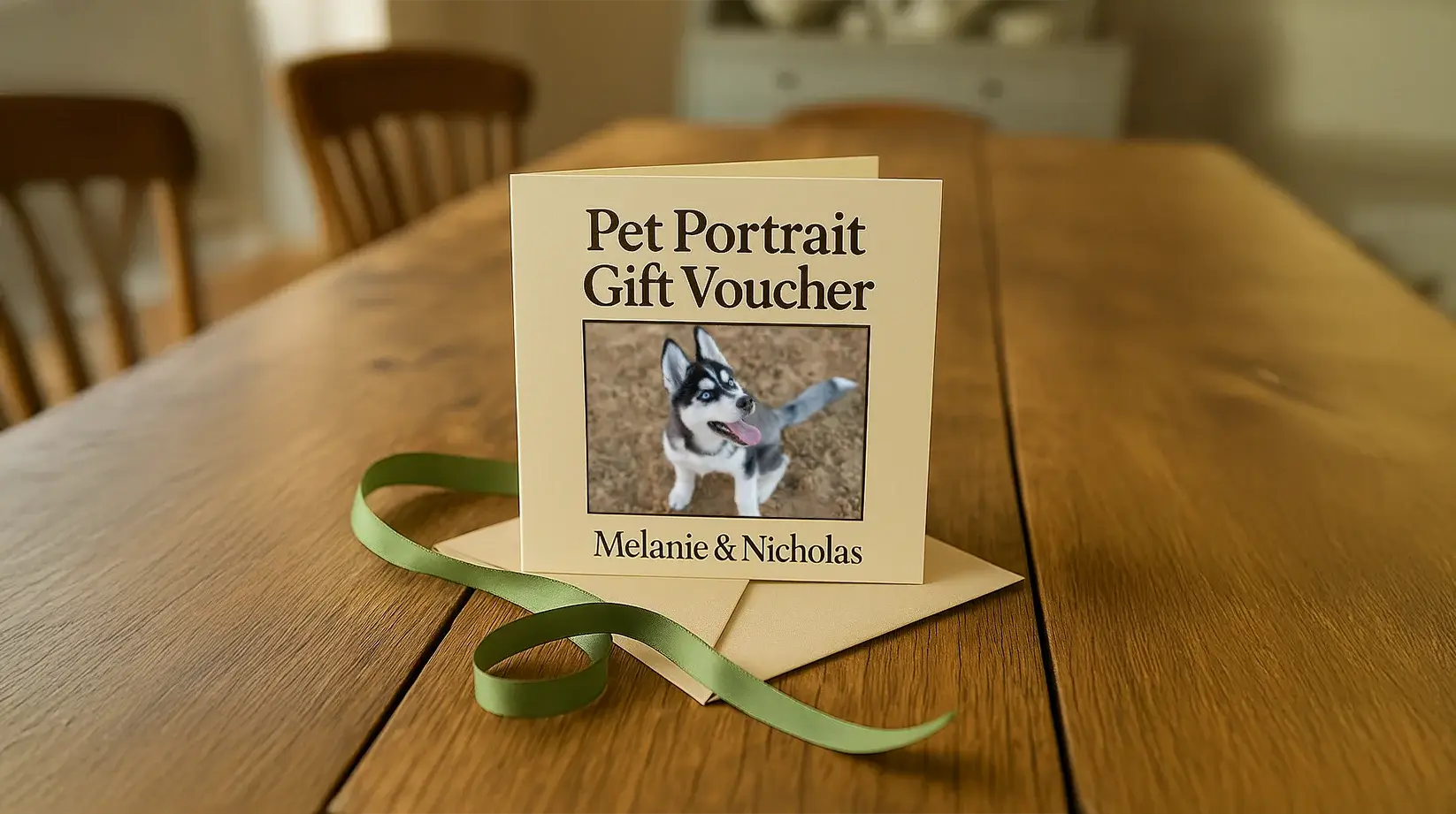 Custom Pet Portrait Gift Voucher Sample Personalized designed pet portrait gift vouchers by Melanie and Nicholas
