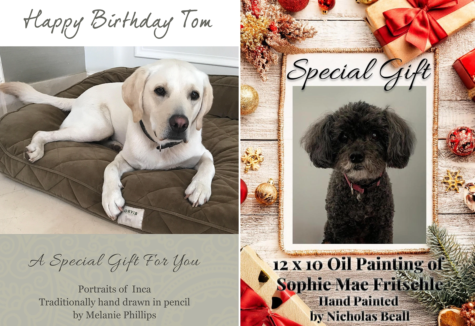 A Birthday and Christmas personalised pet portrait gift voucher card