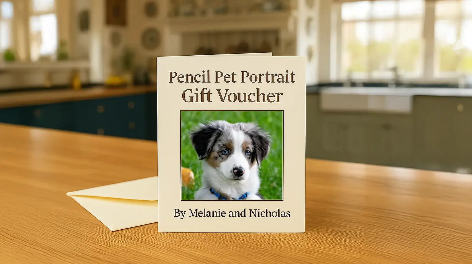 Custom Pet Portrait Gift Voucher Sample Pencil Drawing gift voucher by Melanie and Nicholas