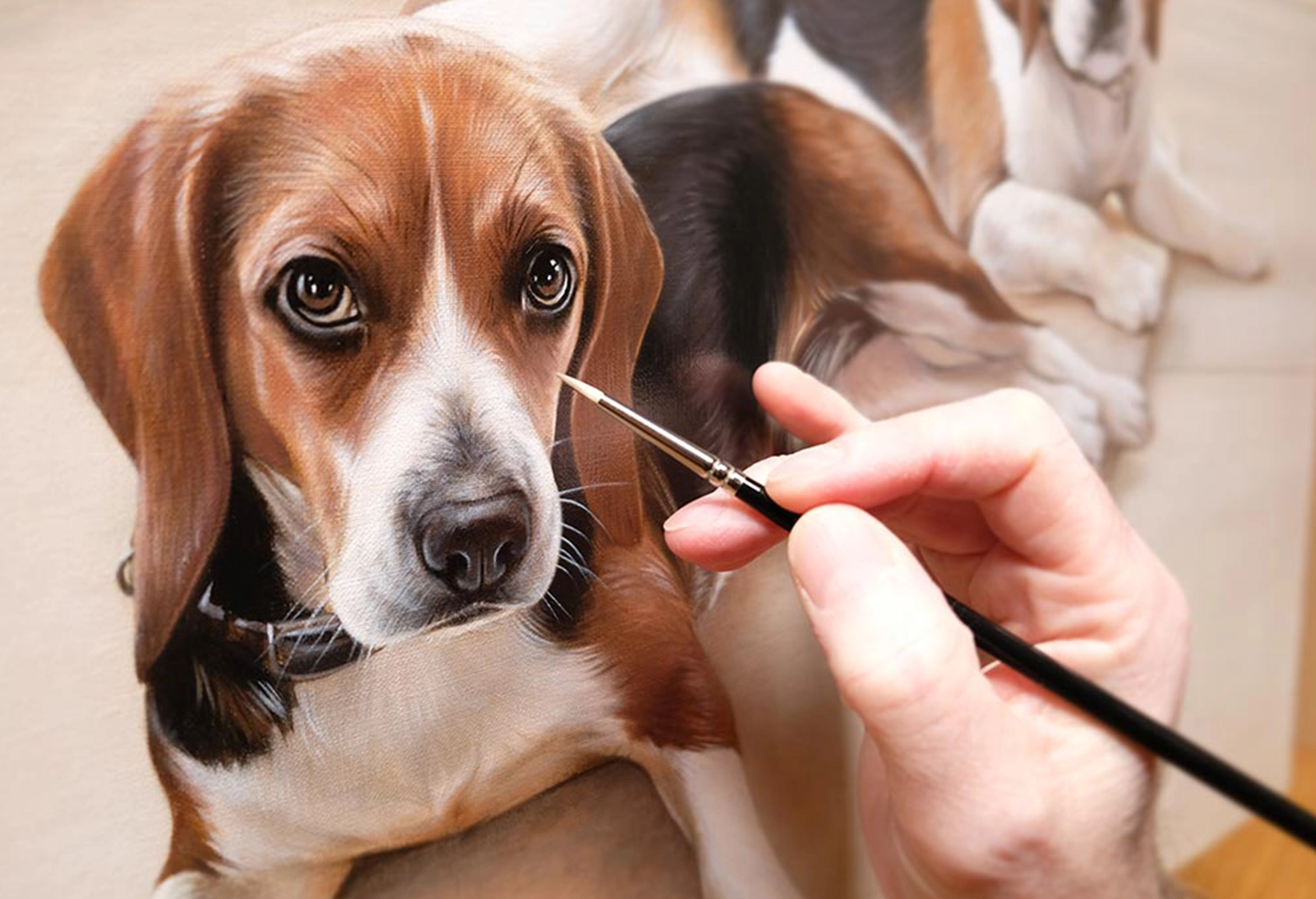 The painting of two Beagles painted by Nicholas Beall for a client in the UK