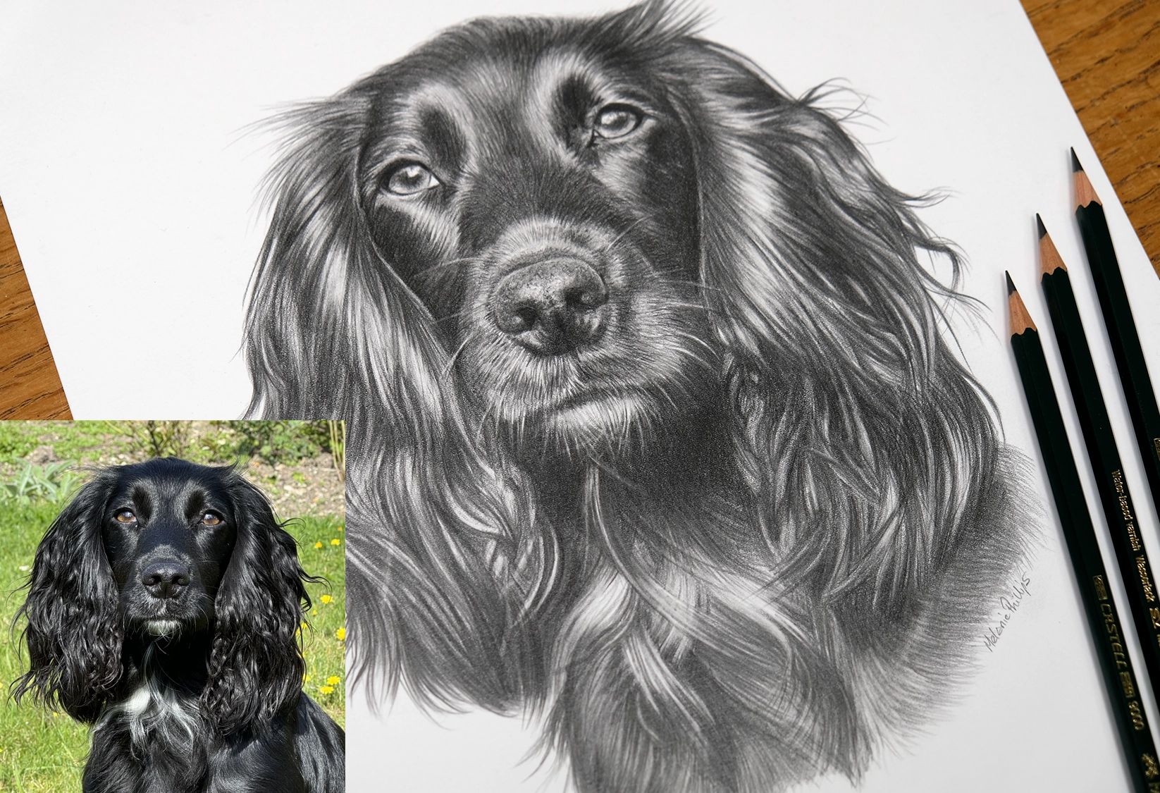 Reference photo showing a dog in natural light for a pencil pet portrait commission along with the portrait