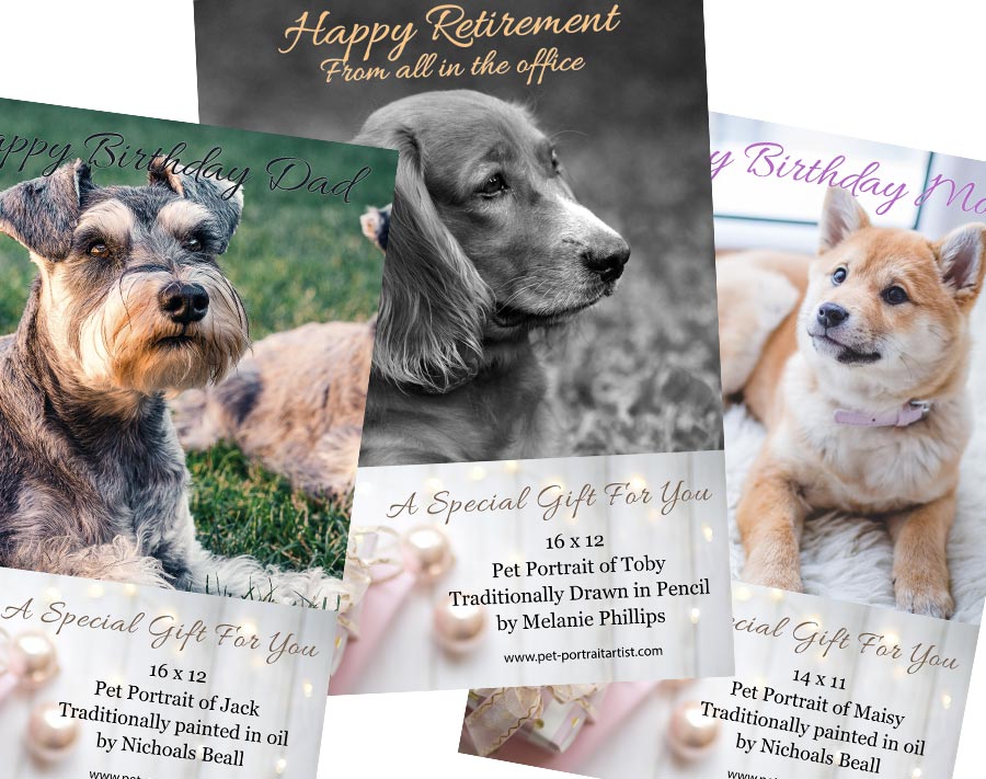 Custom, persoanlised Pet Portraits Gift Vouchers by Nicholas and Melanie.