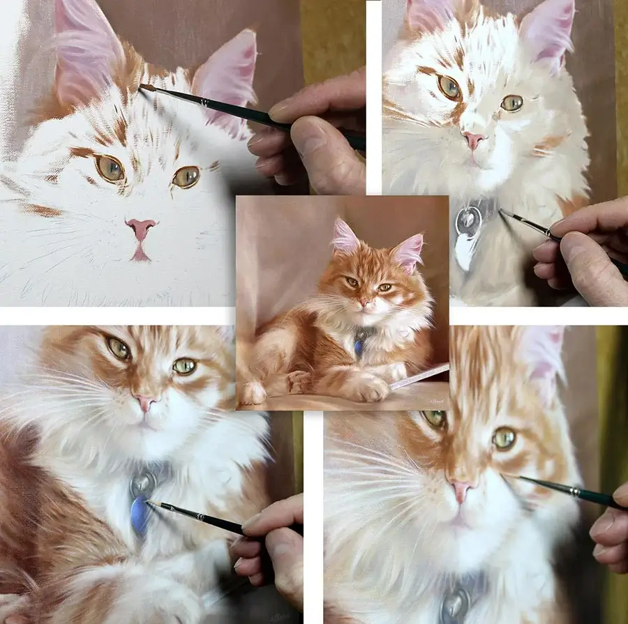 Traditional oil painting process of Dudley the cat, step-by-step Three stages of an oil cat portrait of Dudley by Nicholas Beall: sketch, underpainting, and finished work