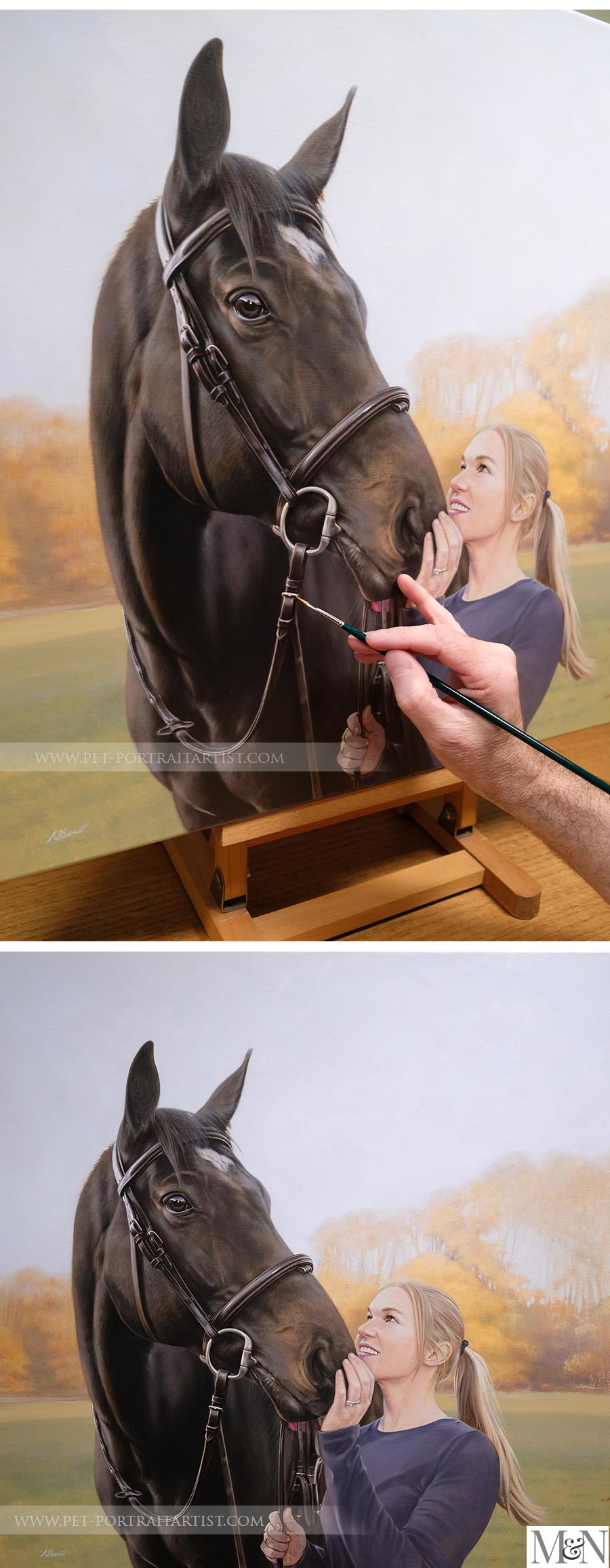 Hand-painted portrait of a horse and owner for a wedding gift