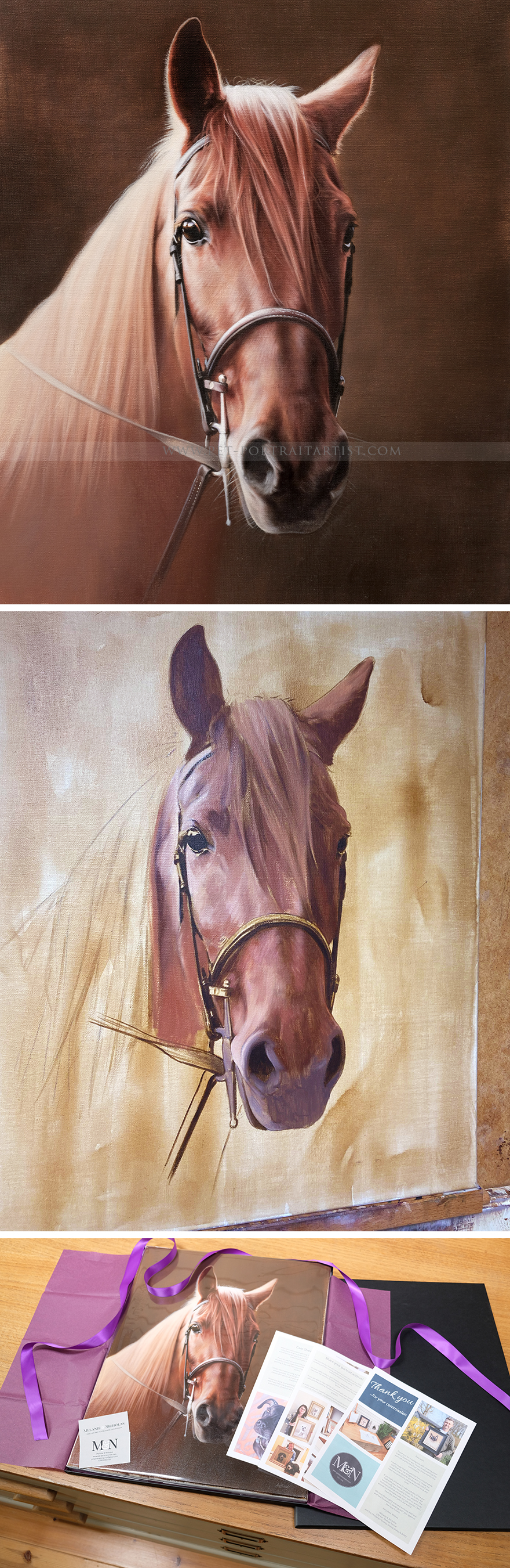 Hand-painted portrait of a horse head on canvas.