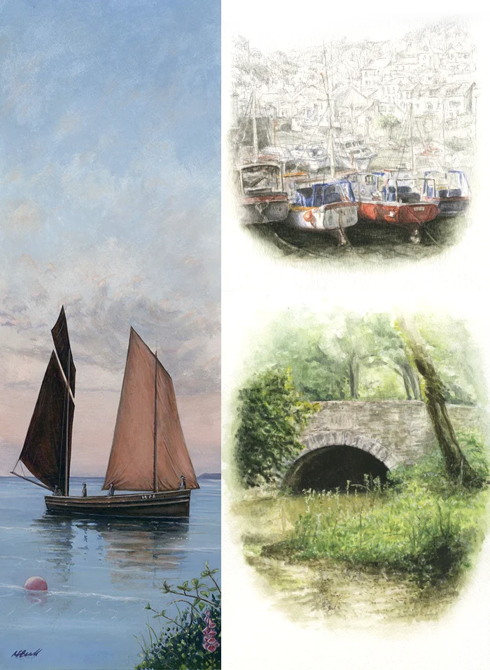 Two early watercolor paintings by Nicholas Beall from his teenage years: Polperro harbor and a landscape study.