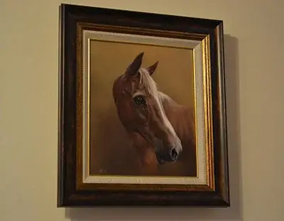 A beautiful oil portrait of a horse named Truffie, cherished by client Dawn, particularly after her loss.